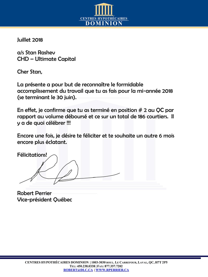 Lettre des Centres hypothécaires Dominion confirmant la deuxième place au Québec pour le volume déboursé, 2018