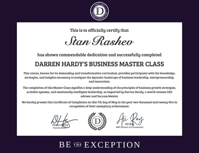 Certificat de la Business Master Class de Darren Hardy